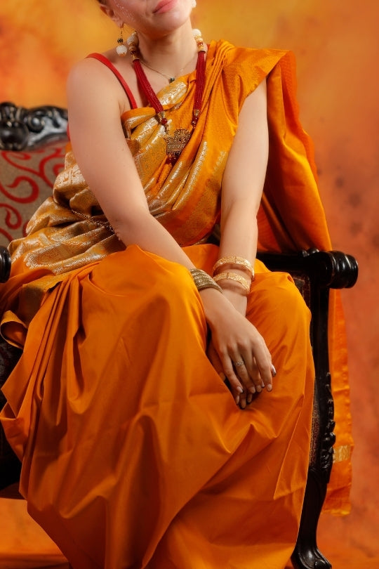 Mustard Yellow Art Work Handloom Katan Pure Silk Saree