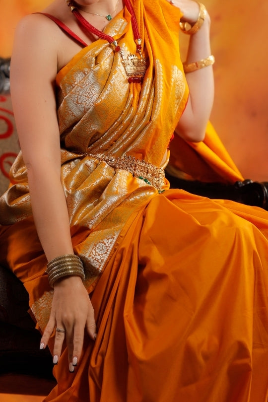 Mustard Yellow Art Work Handloom Katan Pure Silk Saree