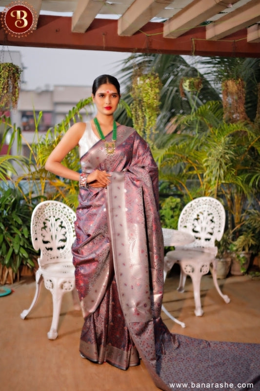 Wine Art Work Handloom Katan Pure Silk Saree