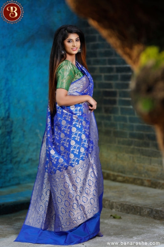 Blue with Silver Zari Art Work Handloom Katan Pure Silk Saree
