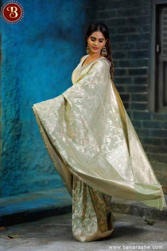 Cream with Brown Border Work Handloom Katan Pure Silk Saree