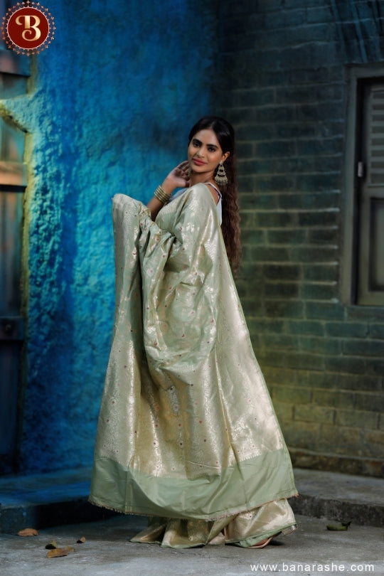 Cream with Brown Border Work Handloom Katan Pure Silk Saree