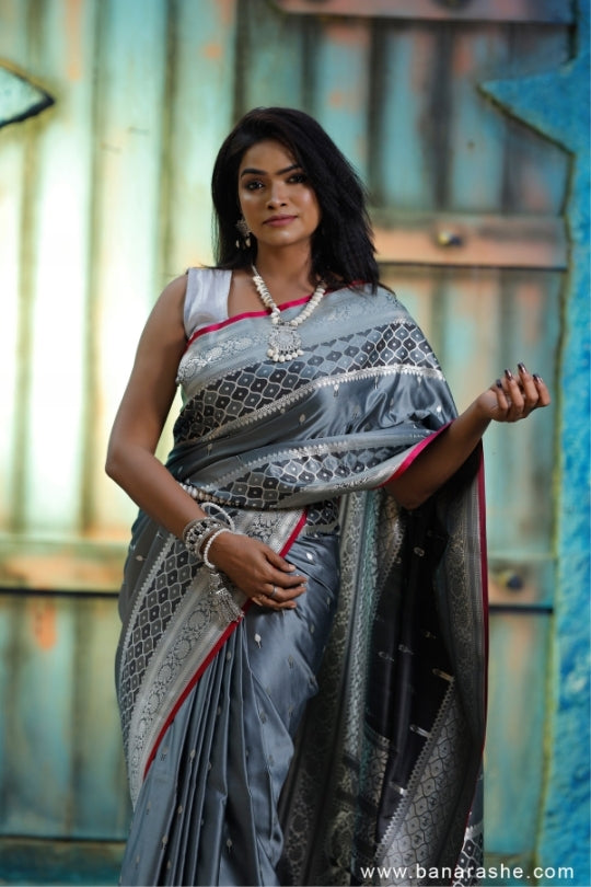 Grey with Zari Art Handloom Katan Pure Silk Saree