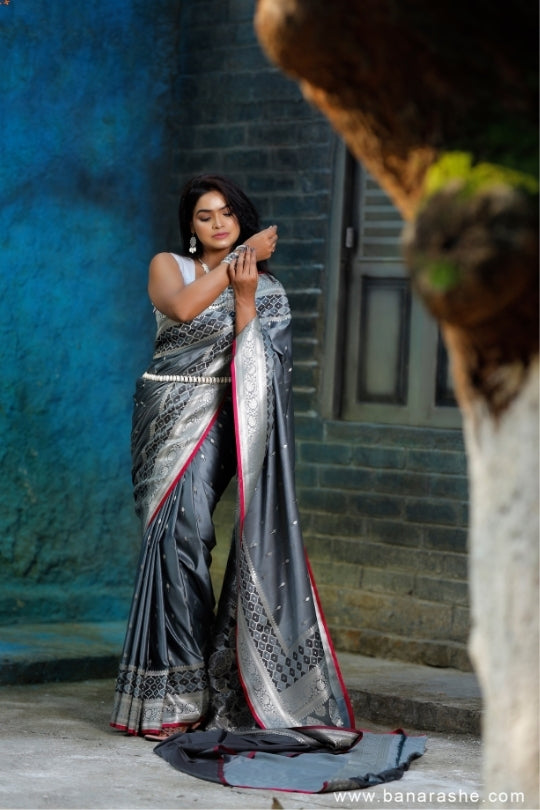 Grey with Zari Art Handloom Katan Pure Silk Saree