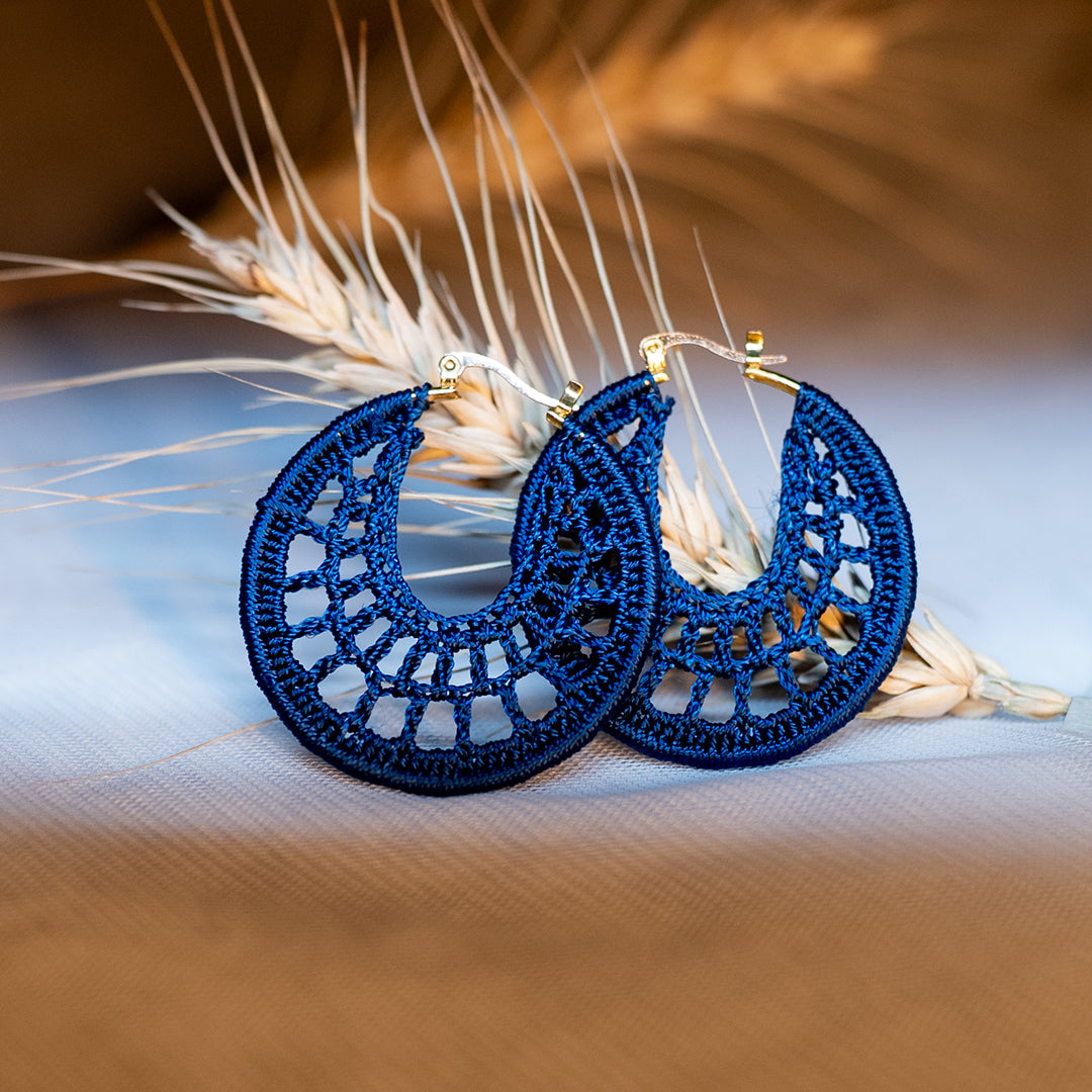 Navy Blue Crochet Earrings – Handmade with Nylon 3-Ply Thread