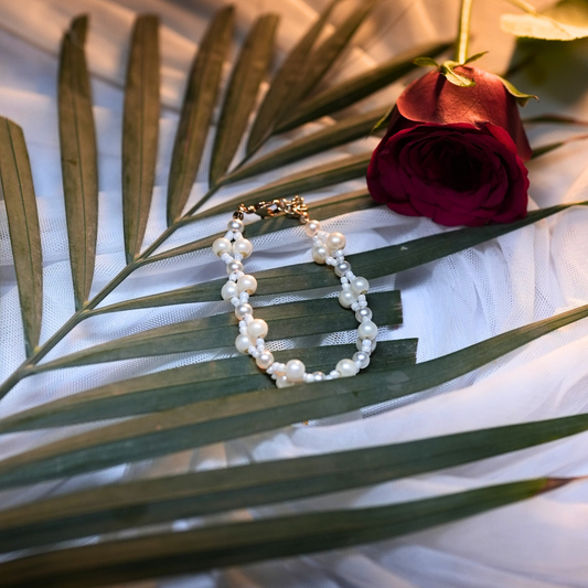 Pearl Serpent Elegance Bracelet – Snake Design with White Glass & Crisscross Beads
