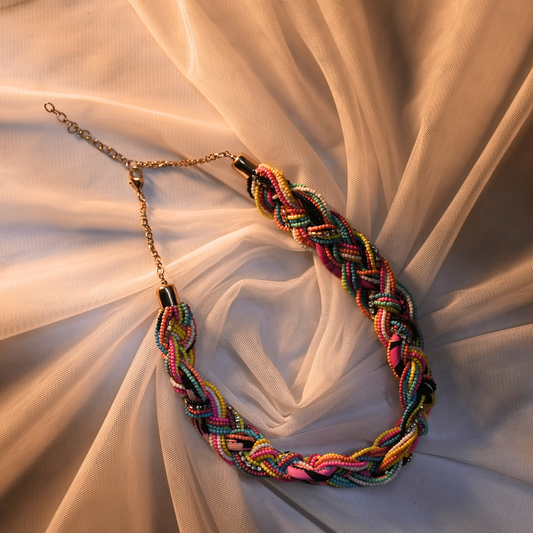 Boho Luxe Twist Necklace – Multicolor Seed Beads, Crystal Chain & Designer Fabric