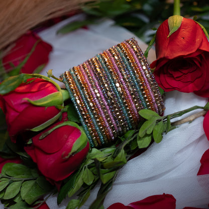 20-Layered Multi-Mix Handcuff Bangle – Green, Turquoise, Baby Pink, Cobalt Brown & Metal Beads