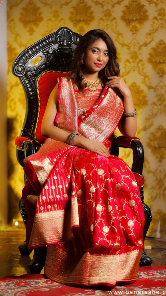 Rose Red Katan Silk Banarasi Saree