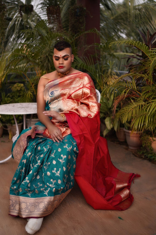 Teal Green and Red with Silver Zari Art Work Handloom Katan Pure Silk Saree