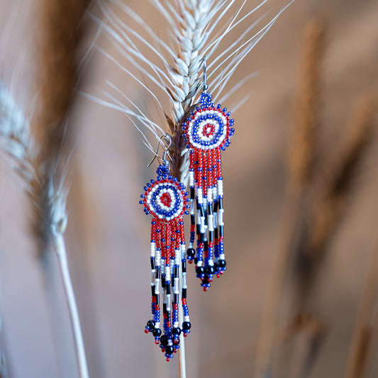 Handwoven Multi-Color Seed Bead Earrings with Glass Nalki – White, Navy Blue, and Cherry Red Fusion