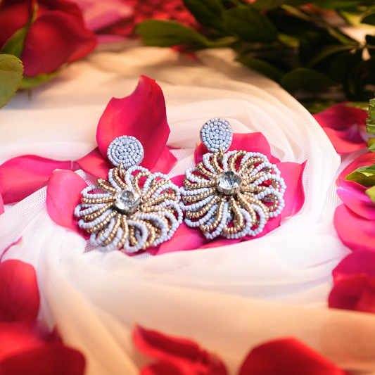 Golden Glow Floral Earrings – Grey & Gold Seed Beads with Crystal Center