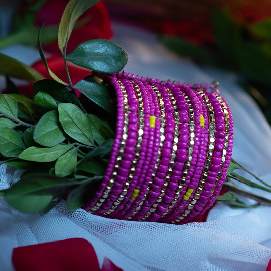 26-Layered Multi-Mix Handcuff Bangle – Green, Turquoise, Baby Pink, Cobalt Brown & Metal Beads
