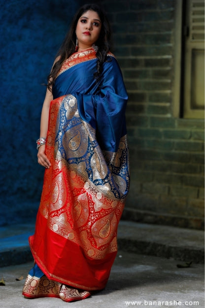 Blue and Red with Zari Art Handloom Katan Pure Silk Saree