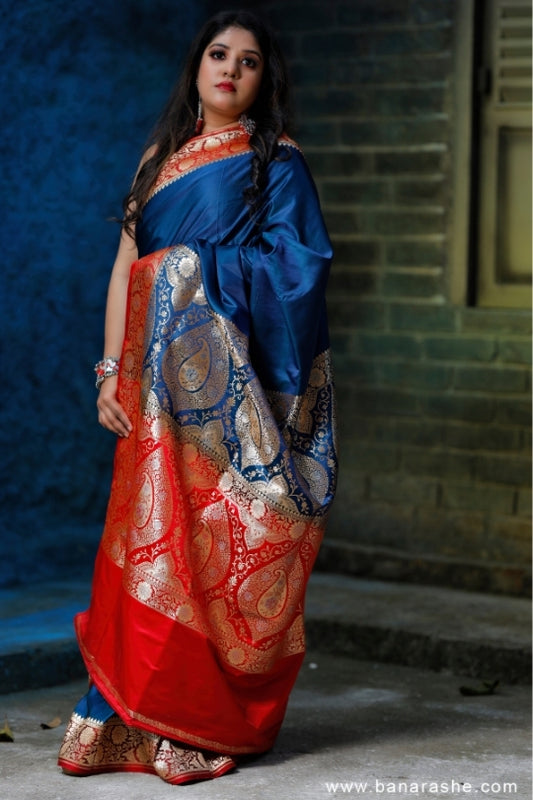 Blue and Red with Zari Art Handloom Katan Pure Silk Saree