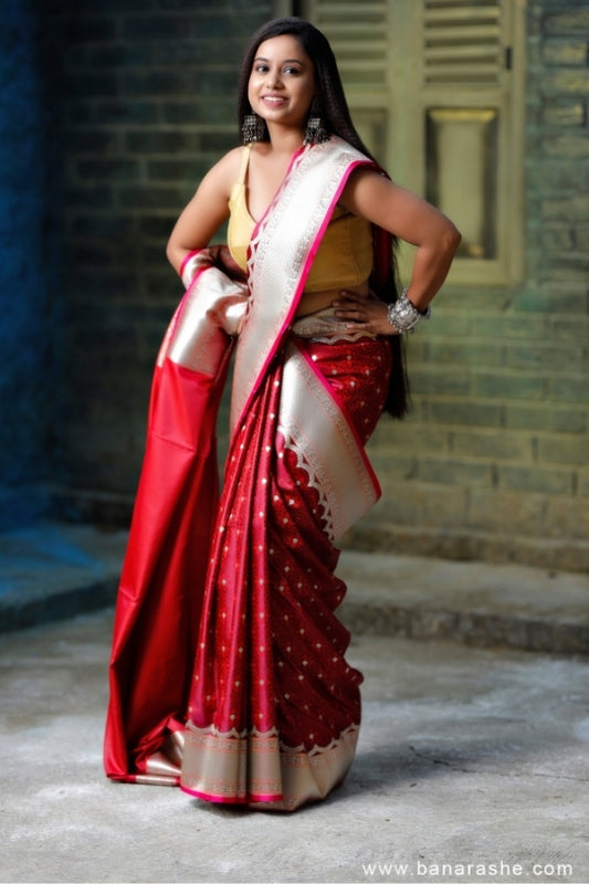 Red and Silver with Zari Art Handloom Katan Pure Silk Saree