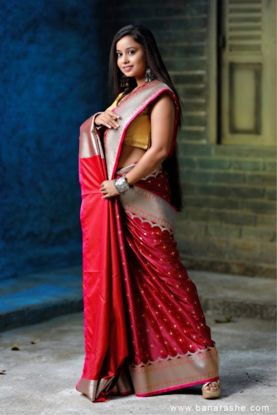 Red and Silver with Zari Art Handloom Katan Pure Silk Saree