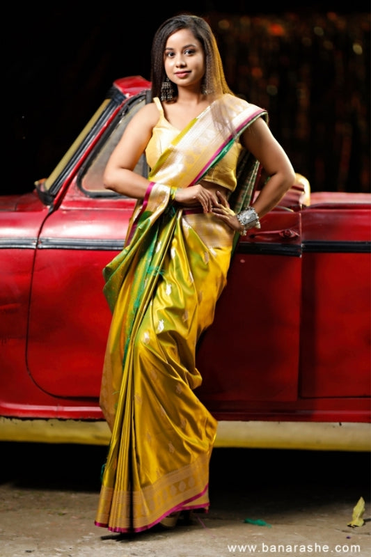 Mustard Yellow with Zari Art Handloom Katan Pure Silk Saree