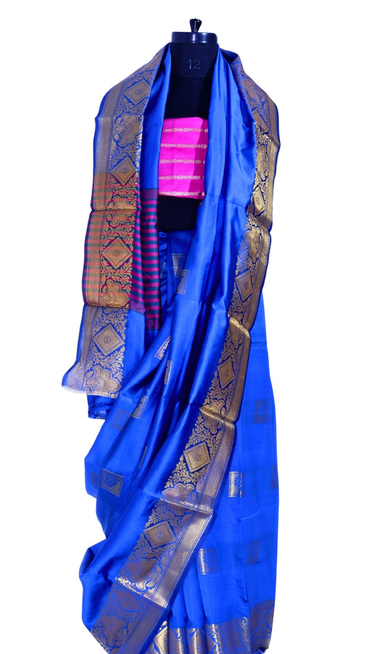 Blue with Pink Contrast Banarasi Silk Saree