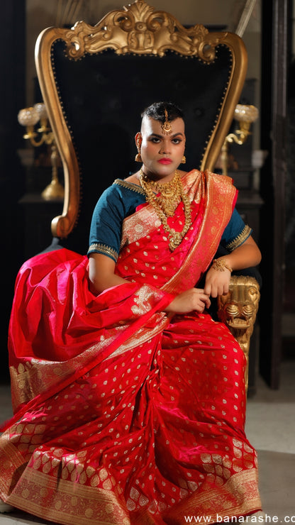 Red Saree with Navy Blue Blouse Katan Silk Banarasi Saree