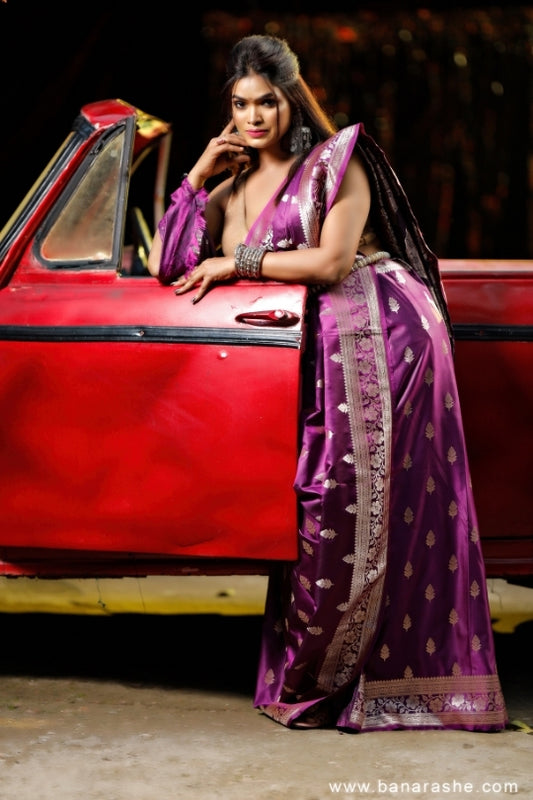 Purple and Silver with Zari Art Handloom Katan Pure Silk Saree
