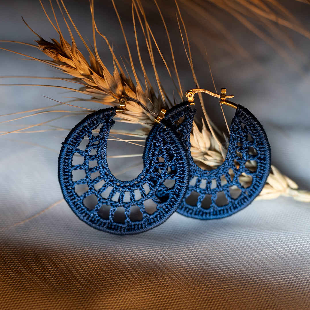 Navy Blue Crochet Earrings – Handmade with Nylon 3-Ply Thread