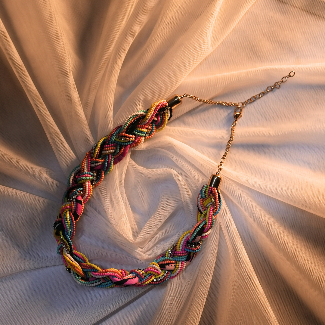 Boho Luxe Twist Necklace – Multicolor Seed Beads, Crystal Chain & Designer Fabric