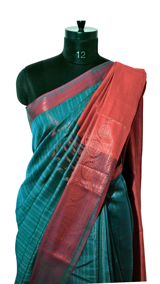 Blue with Pink Border Banarasi Silk Saree