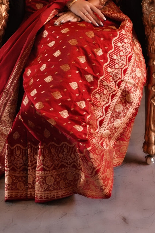 Bridal Red with Golden Dual Zari Pure Katan Silk Banarasi Saree