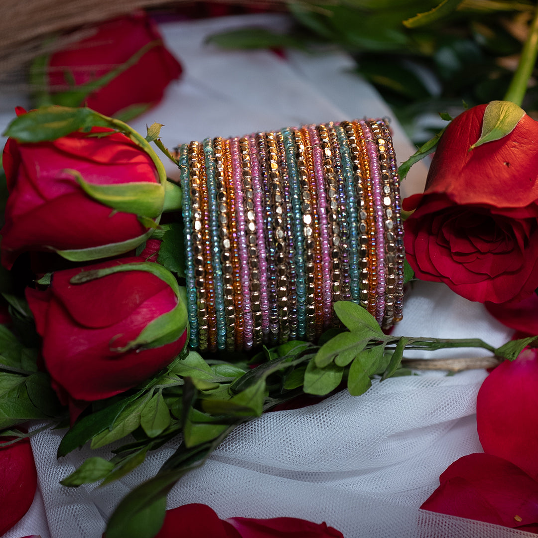 20-Layered Multi-Mix Handcuff Bangle – Green, Turquoise, Baby Pink, Cobalt Brown & Metal Beads