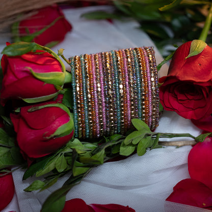 20-Layered Multi-Mix Handcuff Bangle – Green, Turquoise, Baby Pink, Cobalt Brown & Metal Beads