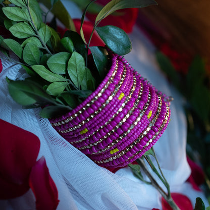 26-Layered Multi-Mix Handcuff Bangle – Green, Turquoise, Baby Pink, Cobalt Brown & Metal Beads