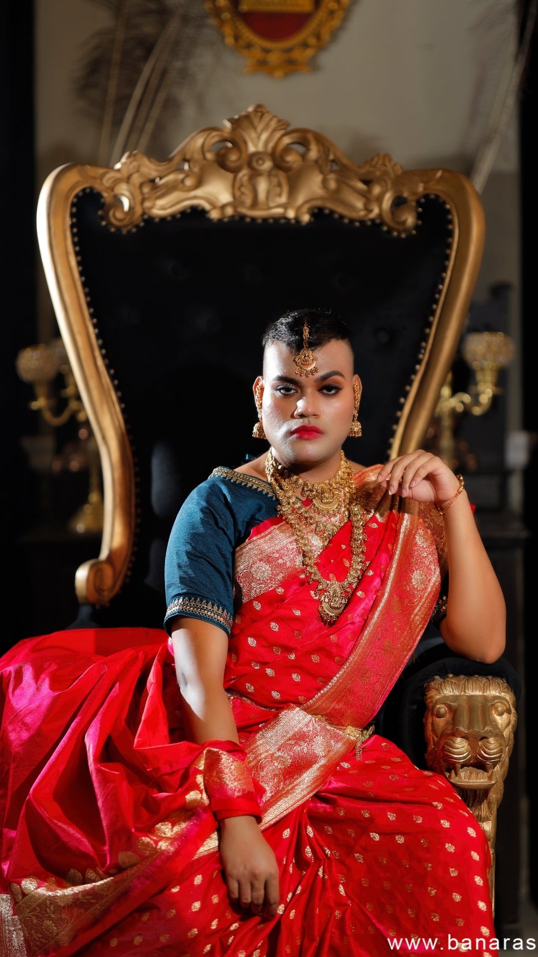 Red Saree with Navy Blue Blouse Katan Silk Banarasi Saree