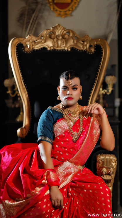 Red Saree with Navy Blue Blouse Katan Silk Banarasi Saree
