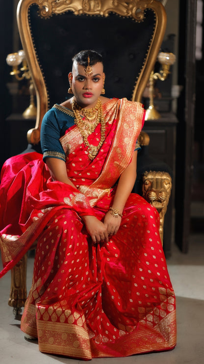 Red Saree with Navy Blue Blouse Katan Silk Banarasi Saree