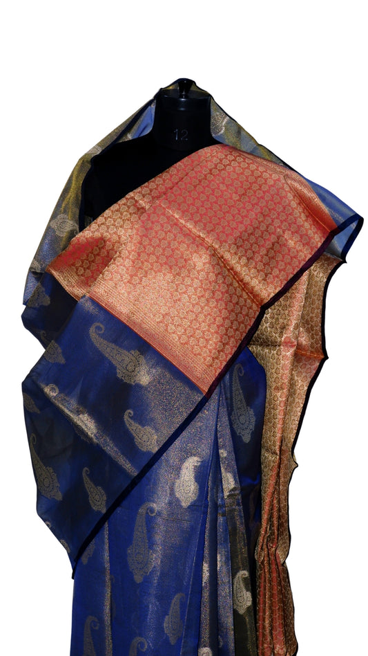 Navy Blue with Pink Contrast Banarasi Silk Saree