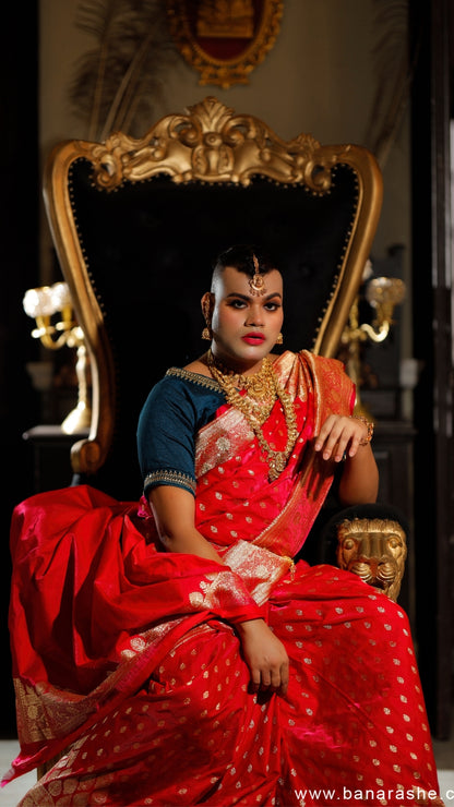 Red Saree with Navy Blue Blouse Katan Silk Banarasi Saree