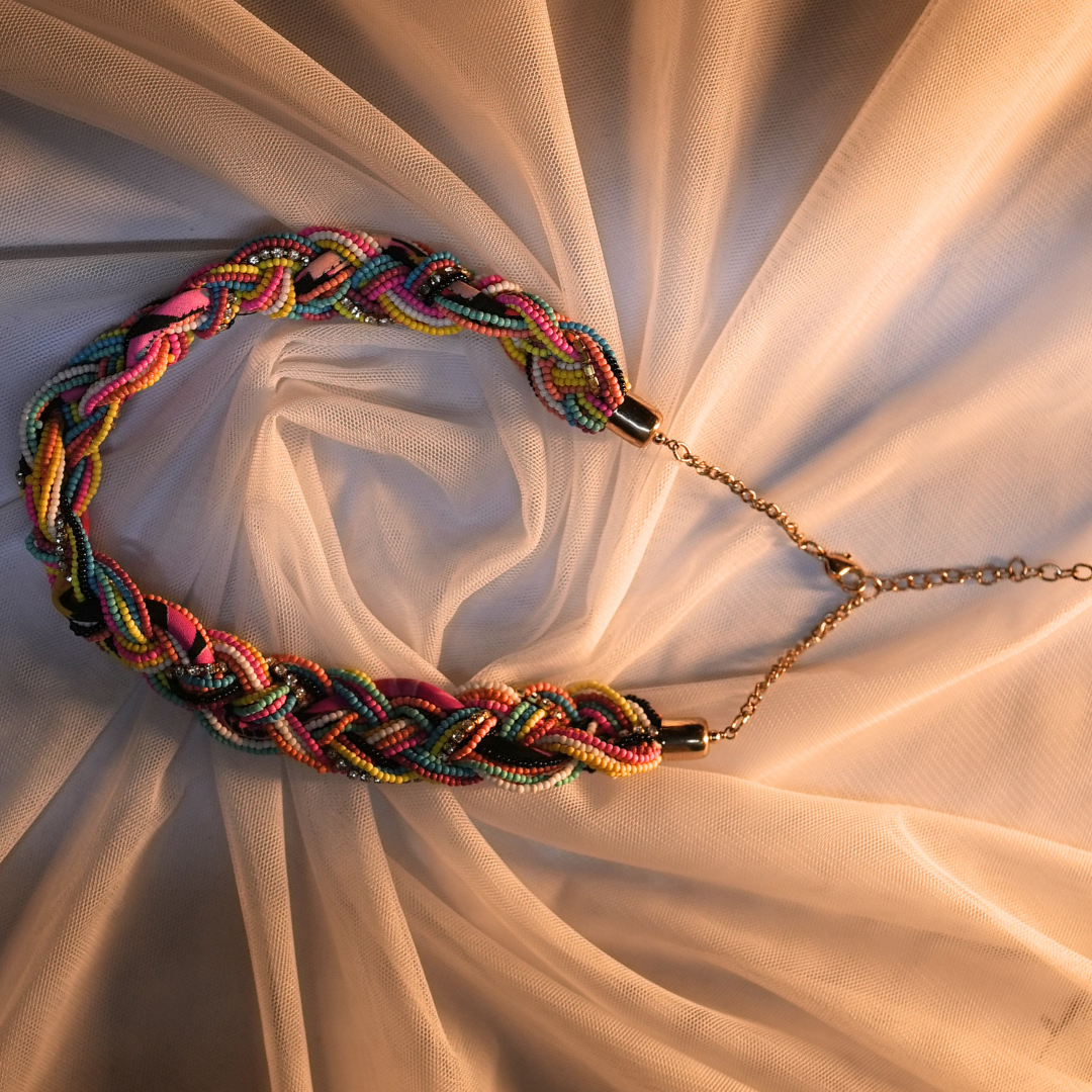 Boho Luxe Twist Necklace – Multicolor Seed Beads, Crystal Chain & Designer Fabric