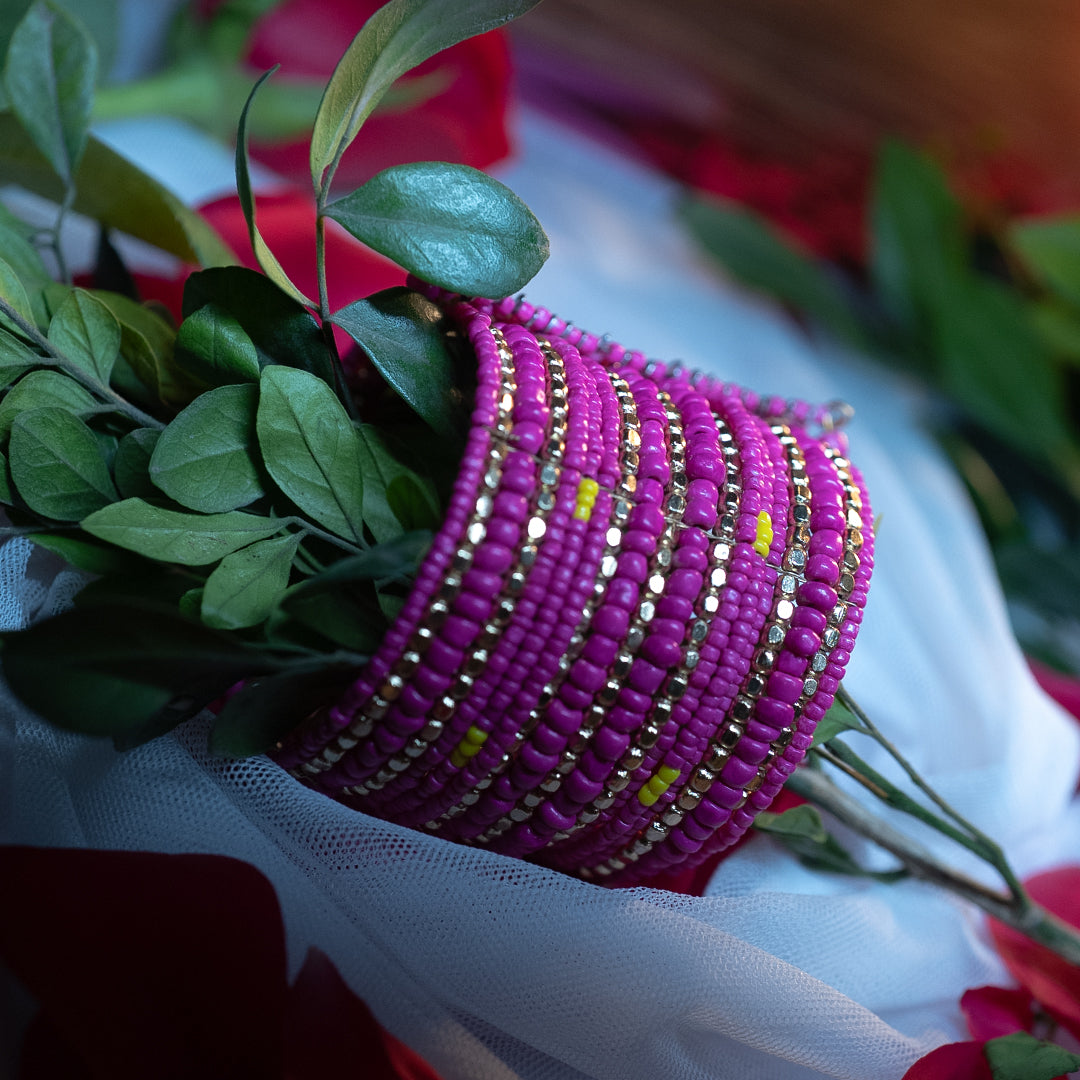 26-Layered Multi-Mix Handcuff Bangle – Green, Turquoise, Baby Pink, Cobalt Brown & Metal Beads