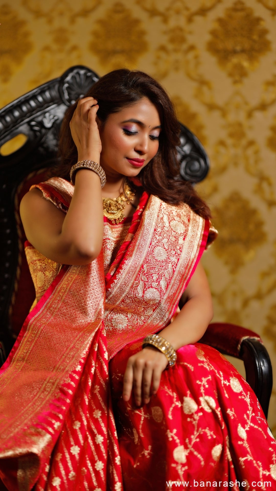 Rose Red Katan Silk Banarasi Saree
