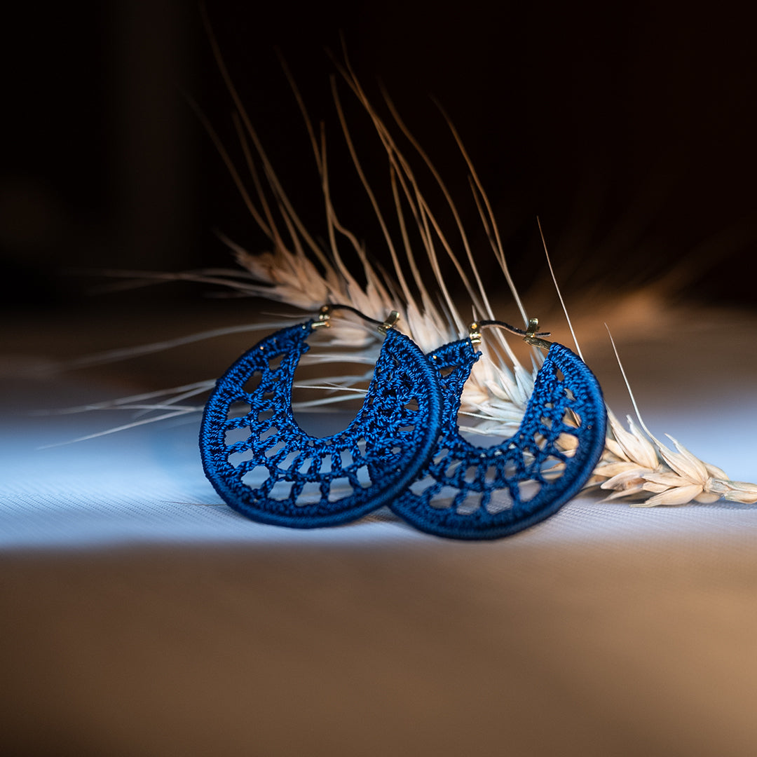 Navy Blue Crochet Earrings – Handmade with Nylon 3-Ply Thread