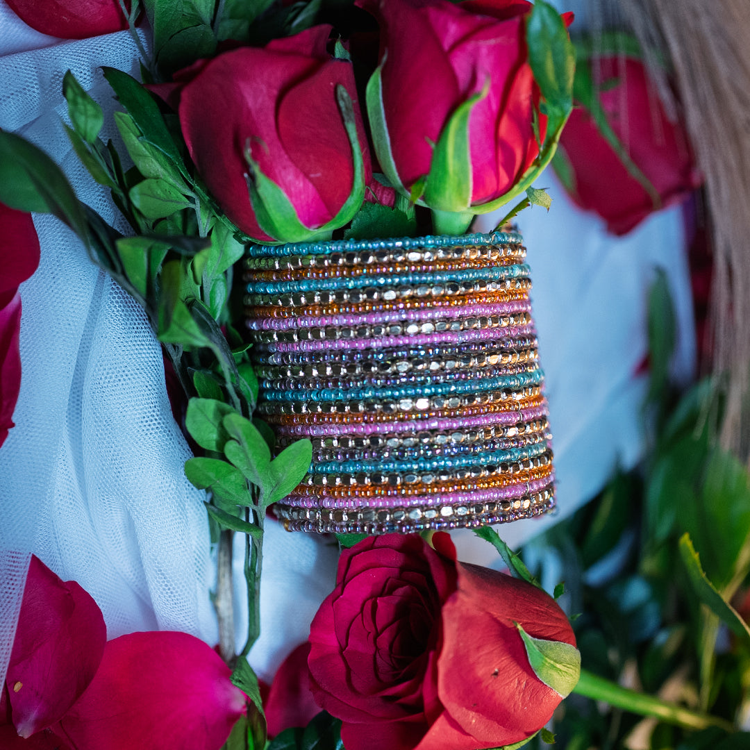 20-Layered Multi-Mix Handcuff Bangle – Green, Turquoise, Baby Pink, Cobalt Brown & Metal Beads