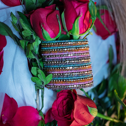20-Layered Multi-Mix Handcuff Bangle – Green, Turquoise, Baby Pink, Cobalt Brown & Metal Beads