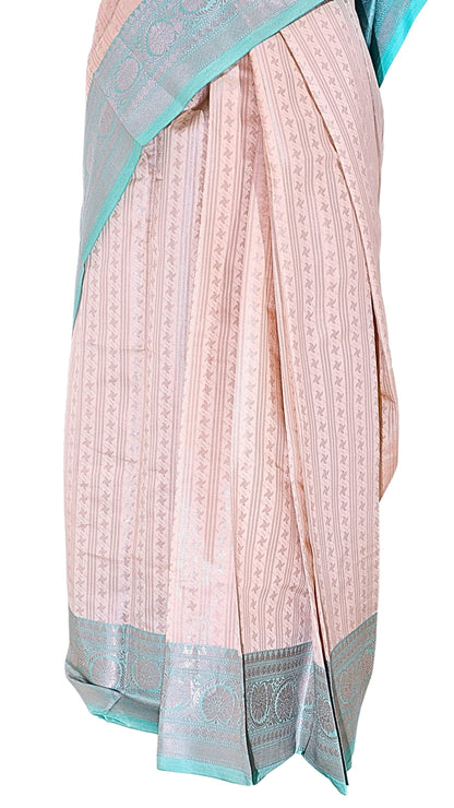 Light Pink with Sea Green Border Contrast Banarasi Silk Saree