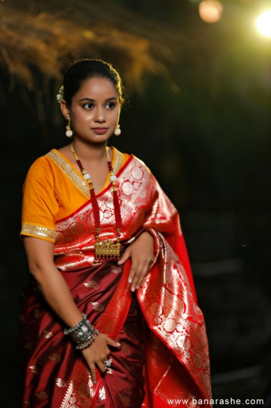 maroon with Golden Zari Leaves Art Handloom Katan Pure Silk Saree