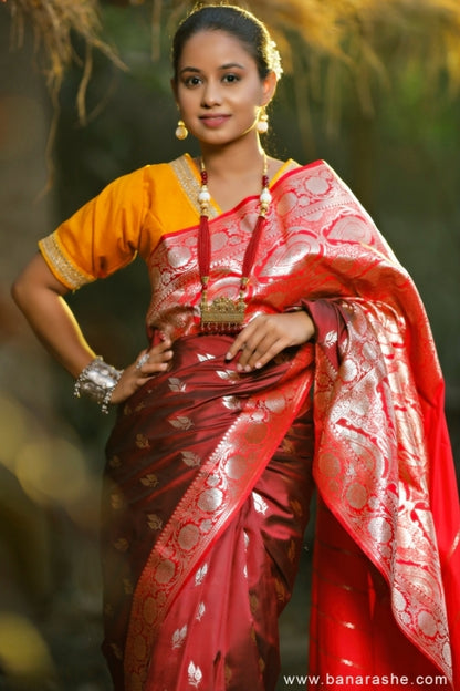 maroon with Golden Zari Leaves Art Handloom Katan Pure Silk Saree
