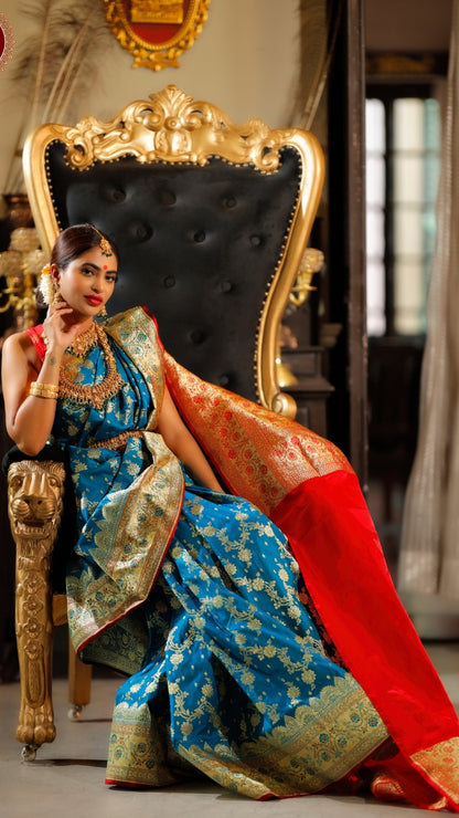 Blue with Red Blouse Pure Katan Silk Banarasi Saree