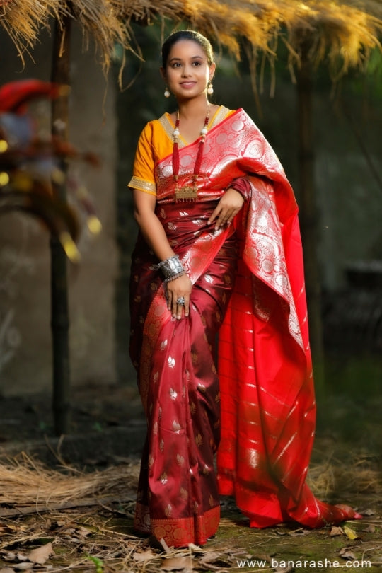 maroon with Golden Zari Leaves Art Handloom Katan Pure Silk Saree