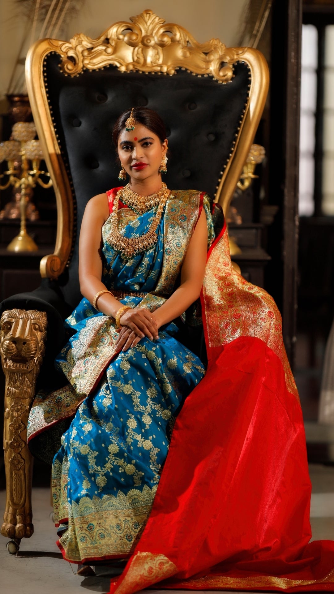 Blue with Red Blouse Pure Katan Silk Banarasi Saree