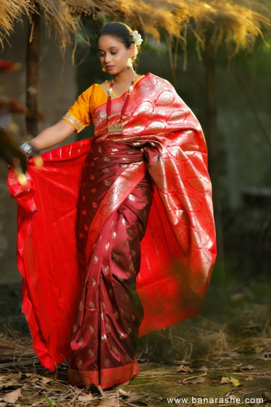 maroon with Golden Zari Leaves Art Handloom Katan Pure Silk Saree